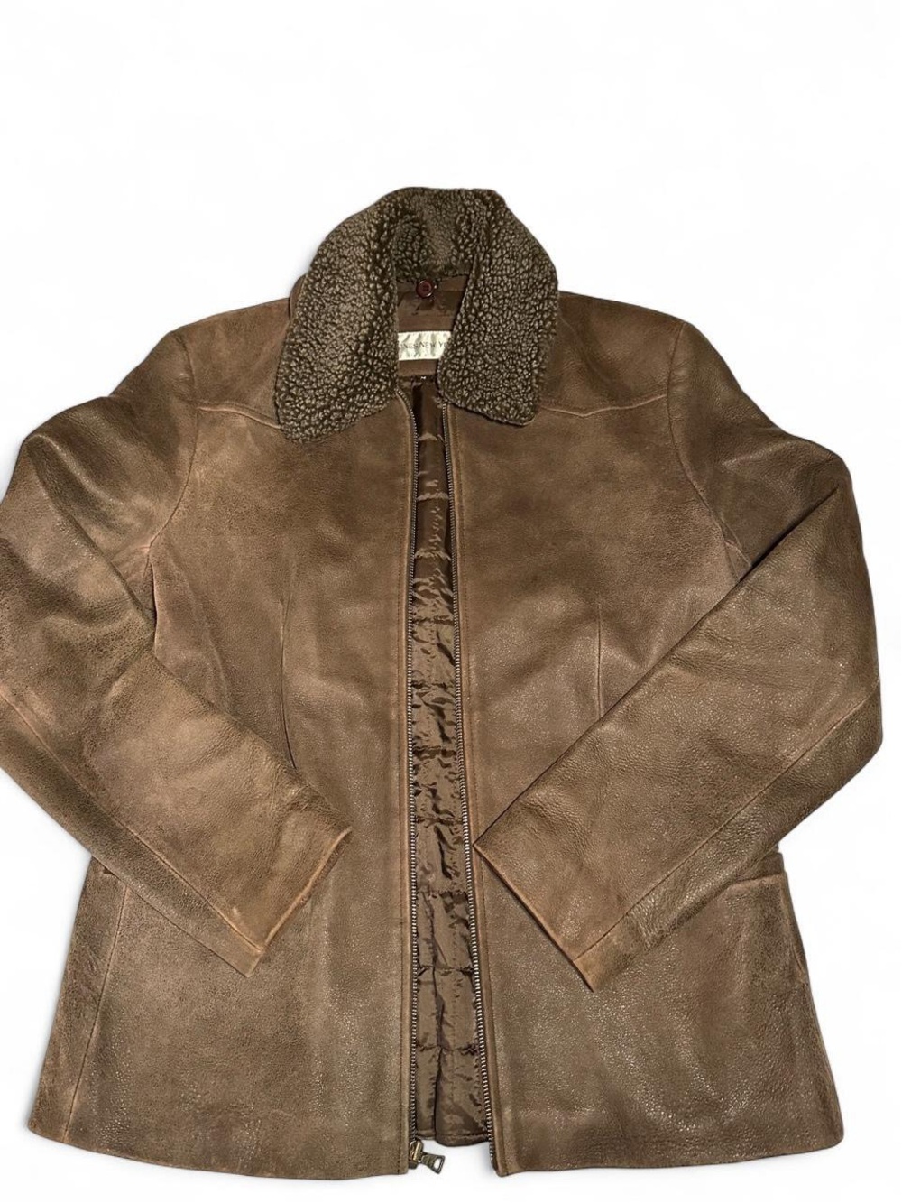 Jones New York Brown Genuine Leather Sherpa Collar Jacket M